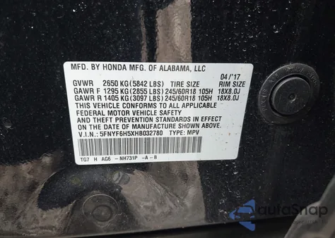 2017 Honda Pilot Ex-L z USA, uszkodzony, nr VIN 5FNYF6H5XHB032780